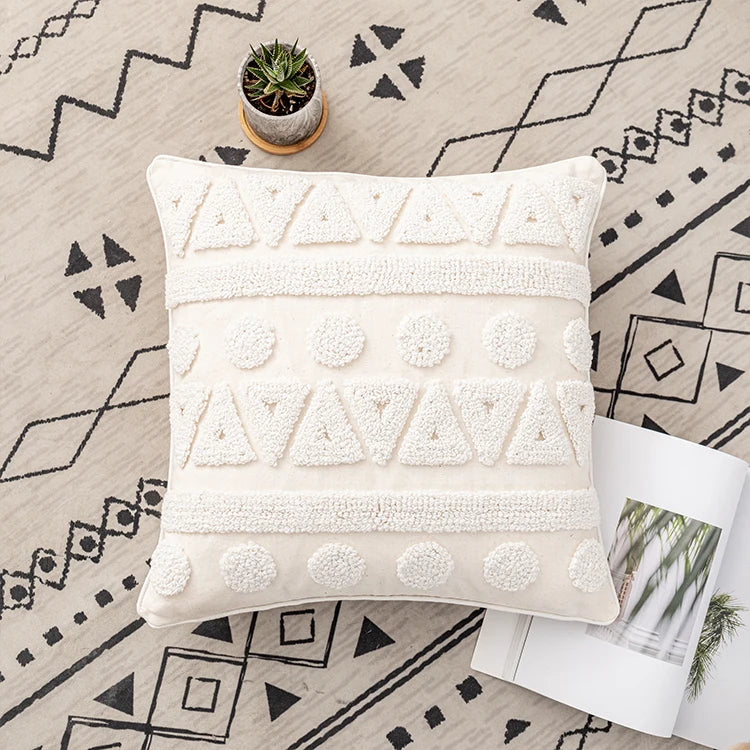 housses coussins coton blanc motif géométrique boho chic tassel opaques 45x45cm 30x50cm