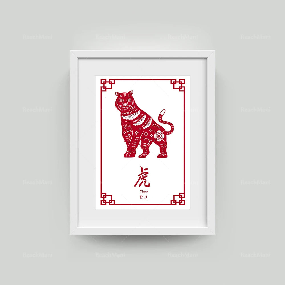 L'image présente une illustration stylisée d'un tigre rouge dans un cadre décoratif représentant l'emblème de l'année du tigre dans le calendrier lunaire chinois.
