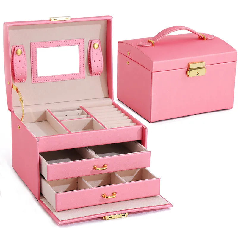 boîte bijoux rose pâle blanc noir miroir compartiments bracelets boucles oreilles bagues montres portable