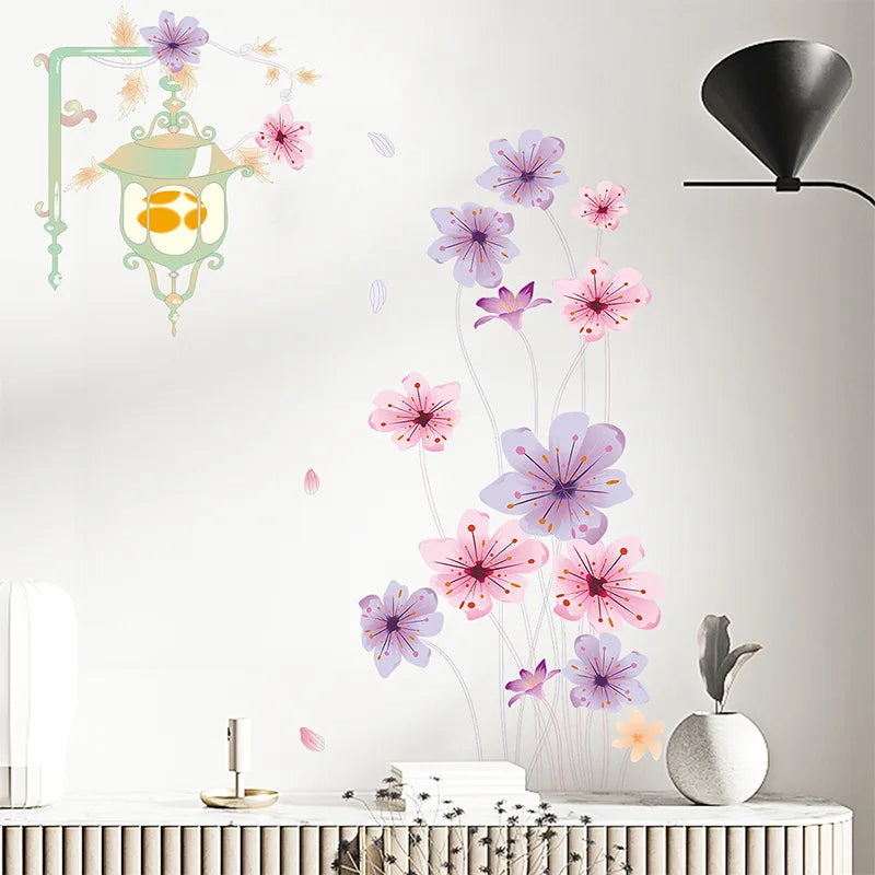 autocollant mural fleurs stylisées moderne vert pastel rose violet blanc opaques décoration intérieure chambre