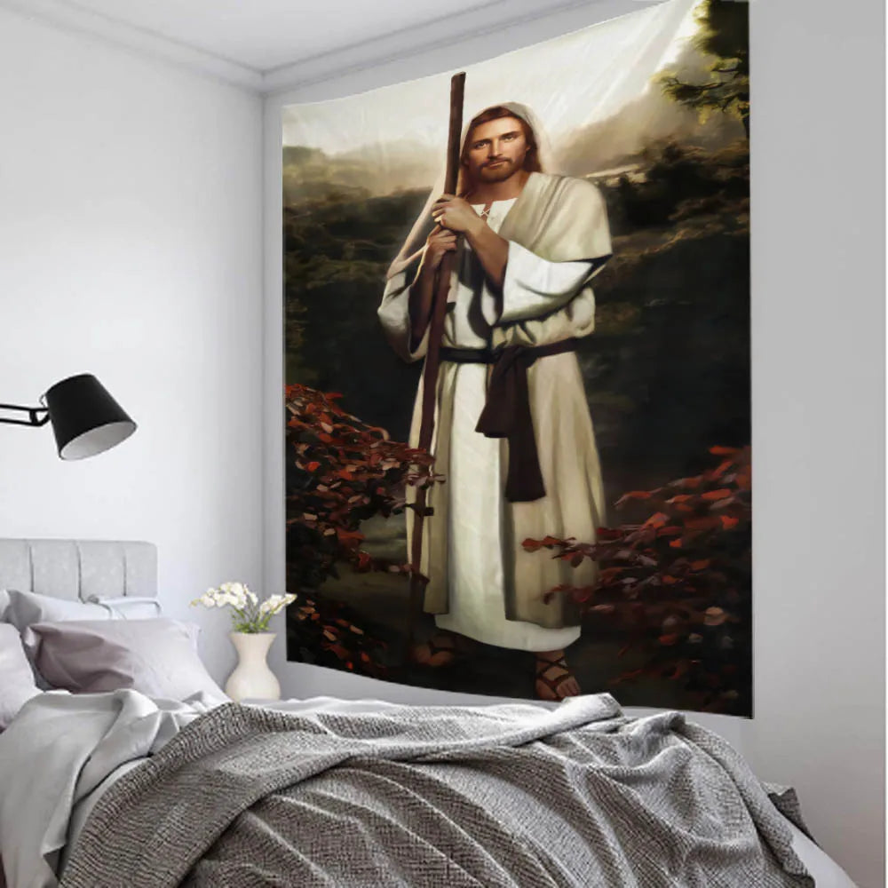 Detail de l'illustration retro Jesus sur tapisserie murale