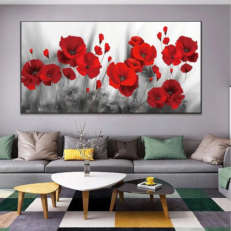 toile d'art moderne fleurs rouges fond noir blanc décoration mur horizontale sans cadre imperméable