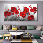 toile d'art moderne fleurs rouges fond noir blanc décoration mur horizontale sans cadre imperméable