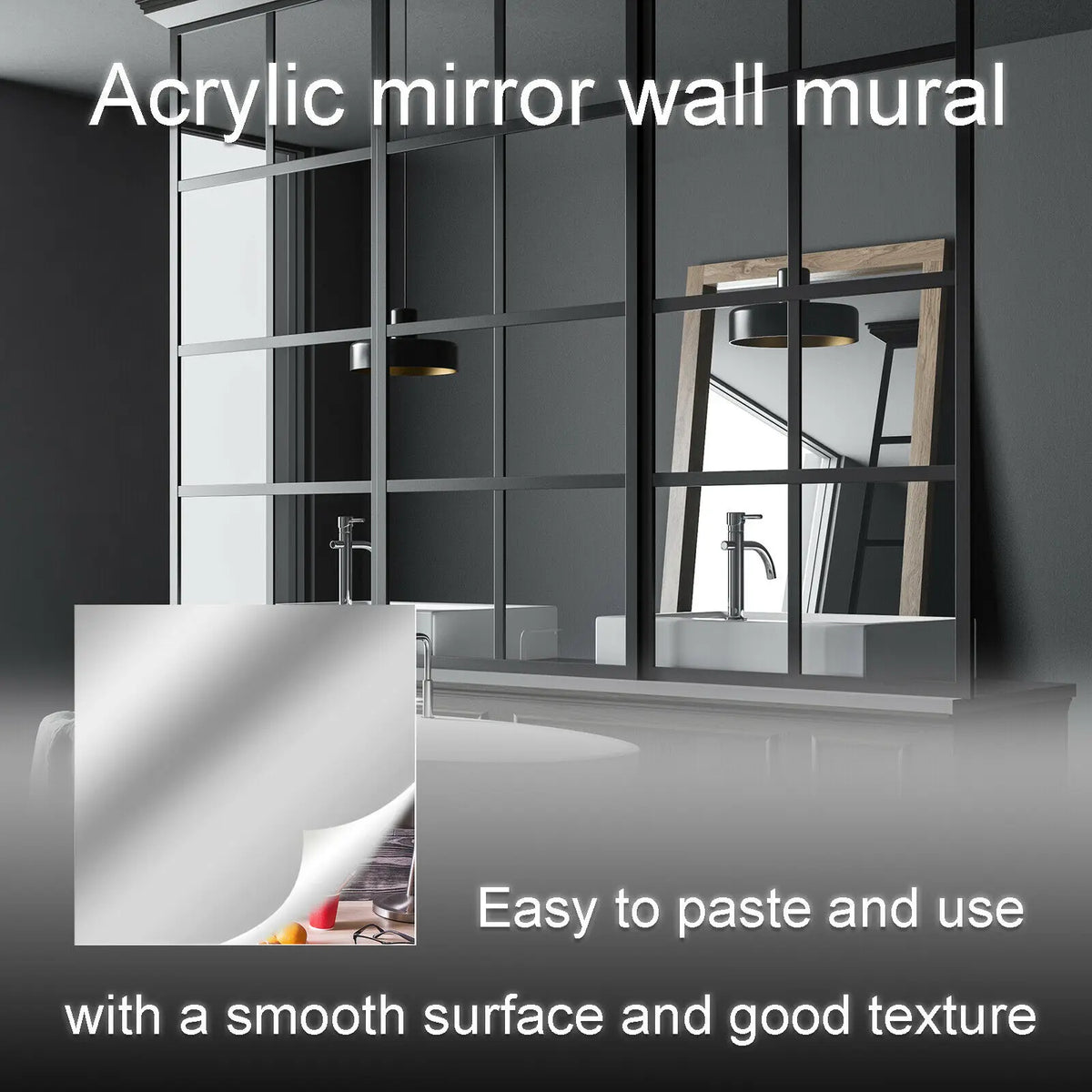 miroir mural autocollant argenté moderne ligne horizontale protection film bleu 50~200cm