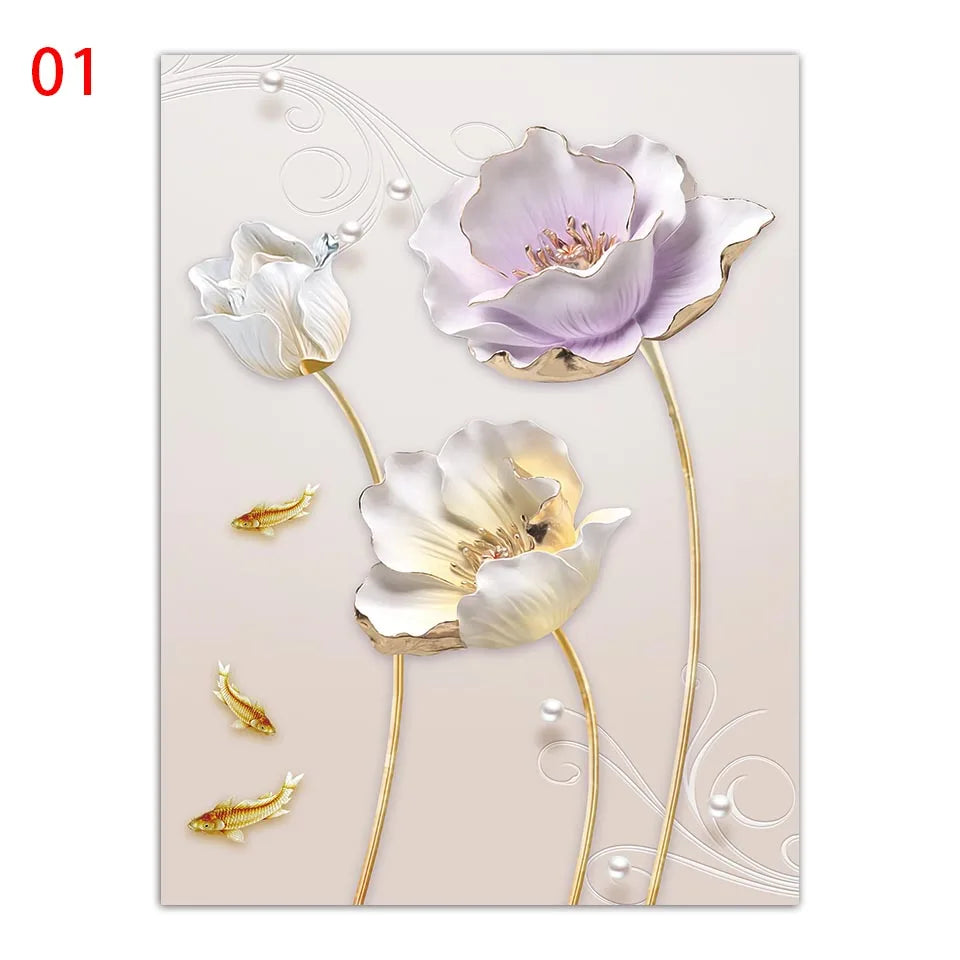 Un bouquet de fleurs de couleur pastel avec des poissons dorés et des perles, créant une image élégante et raffinée.