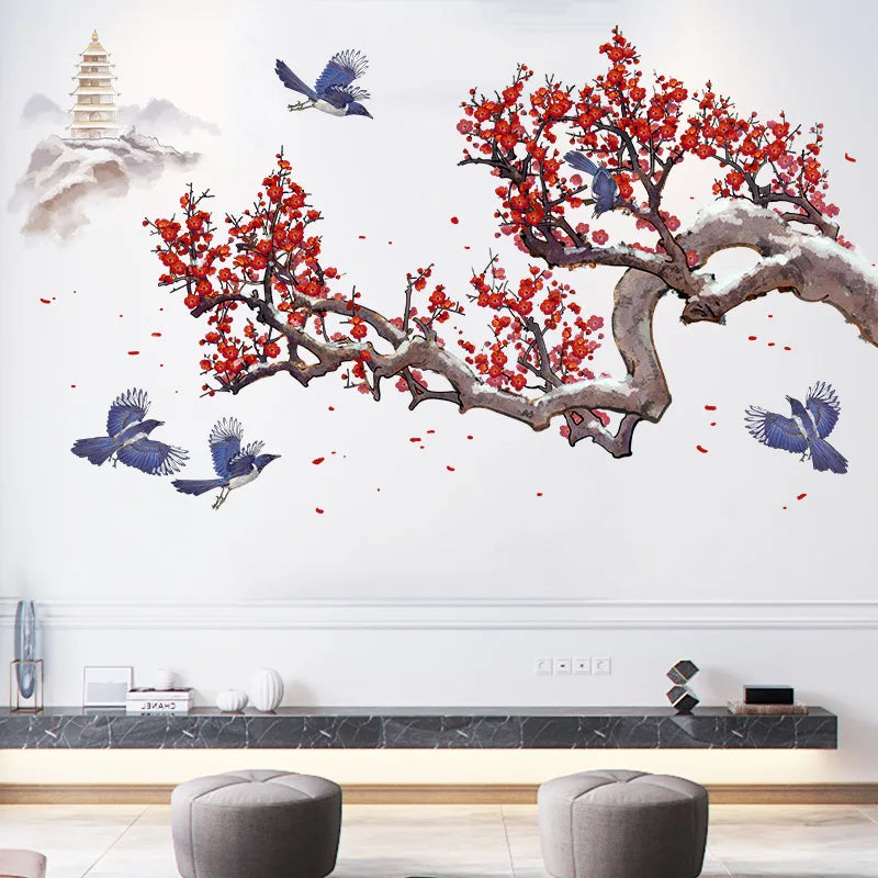 sticker mural traditionnel japonais fleurs cerisier oiseaux pagode nuages rouge gris bleu blanc adhésif