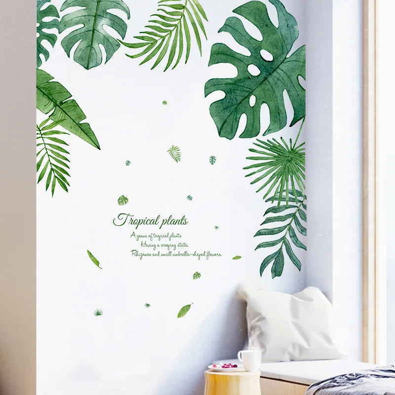 autocollant mural feuilles tropicales moderne adhésif vert opaque décoration murale résistant eau chambre salon