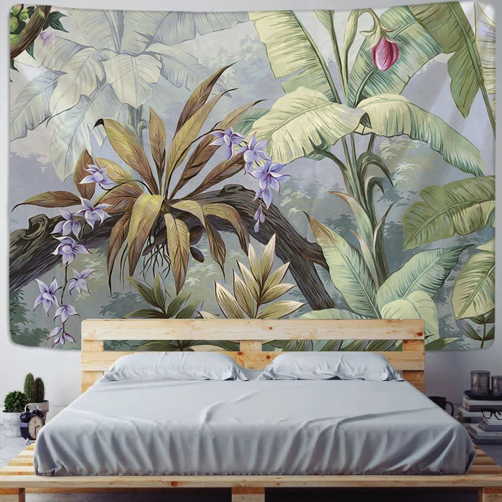 Tapisserie murale nordique imprimée plantes tropicales pour salon