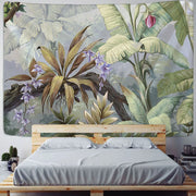 tapisserie murale botanique plantes tropicales feuilles fleurs oiseaux aquarelle verte beige marron blanc vintage