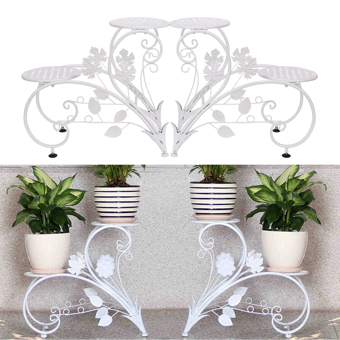 support plante blanc floral art nouveau ajouré pieds ronds intérieur extérieur plateaux métal