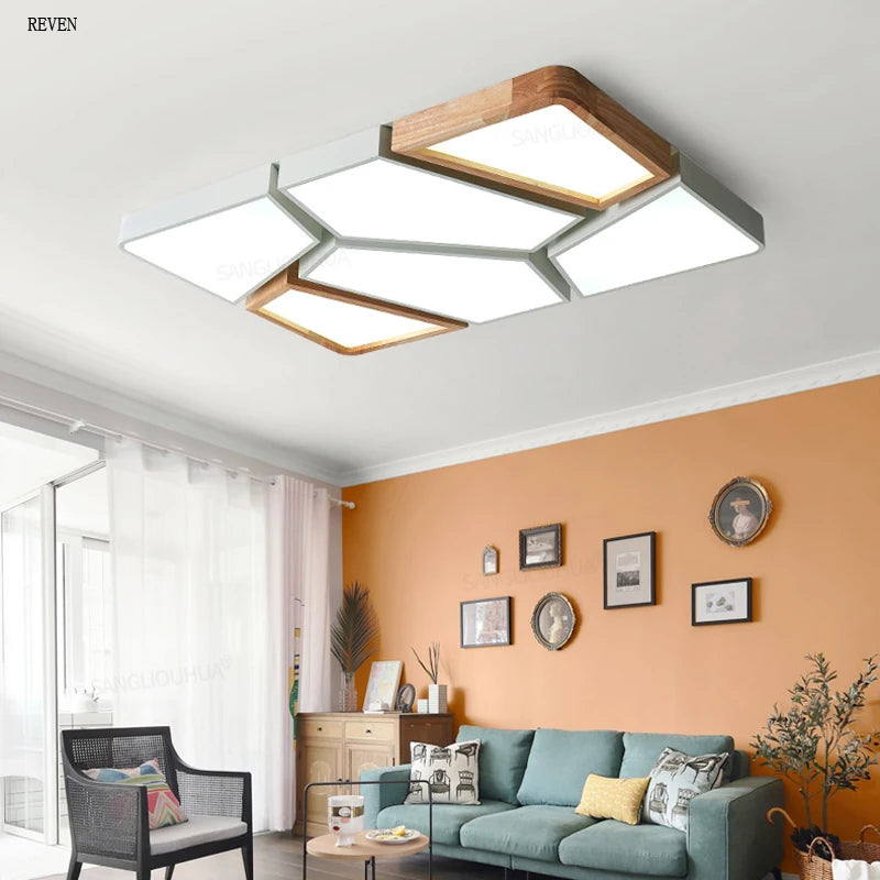 plafonnier moderne scandinave noir bois naturel hexagonal led 45cm vert