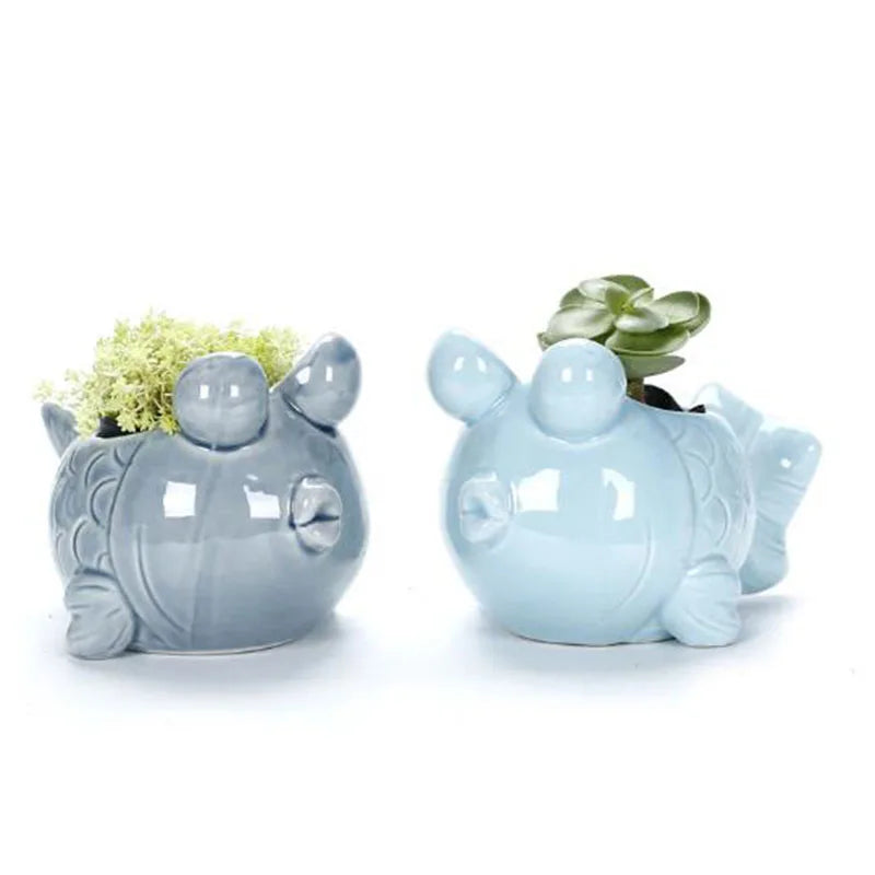 petit cache pot ceramique bleu motif poisson marin decoratif plante succulente maison