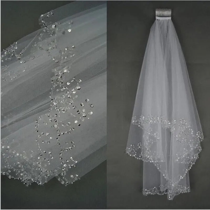voile mariée deux couches tulle transparent cristaux bord coupé classique attache peigne erotique erotique