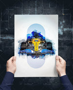 Image d'un véhicule de course formula 1 peint dans des tons bleus et jaunes, avec des éclaboussures de couleur sur un fond blanc rond, créant un effet artistique dynamique et énergique.