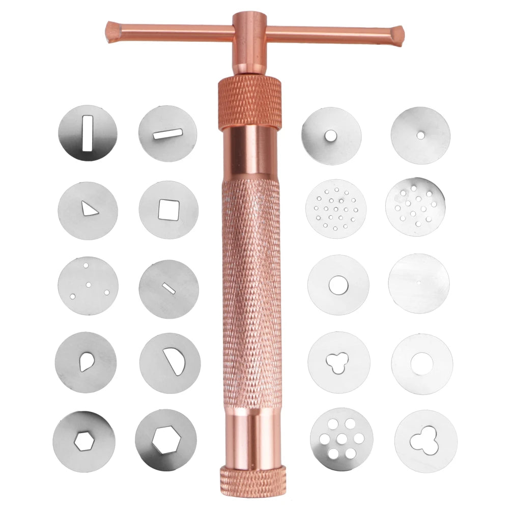 outil sculpture gâteau argile extrudeuse pâte sucre fondant artisanal rose cuivré disques interchangeables motifs