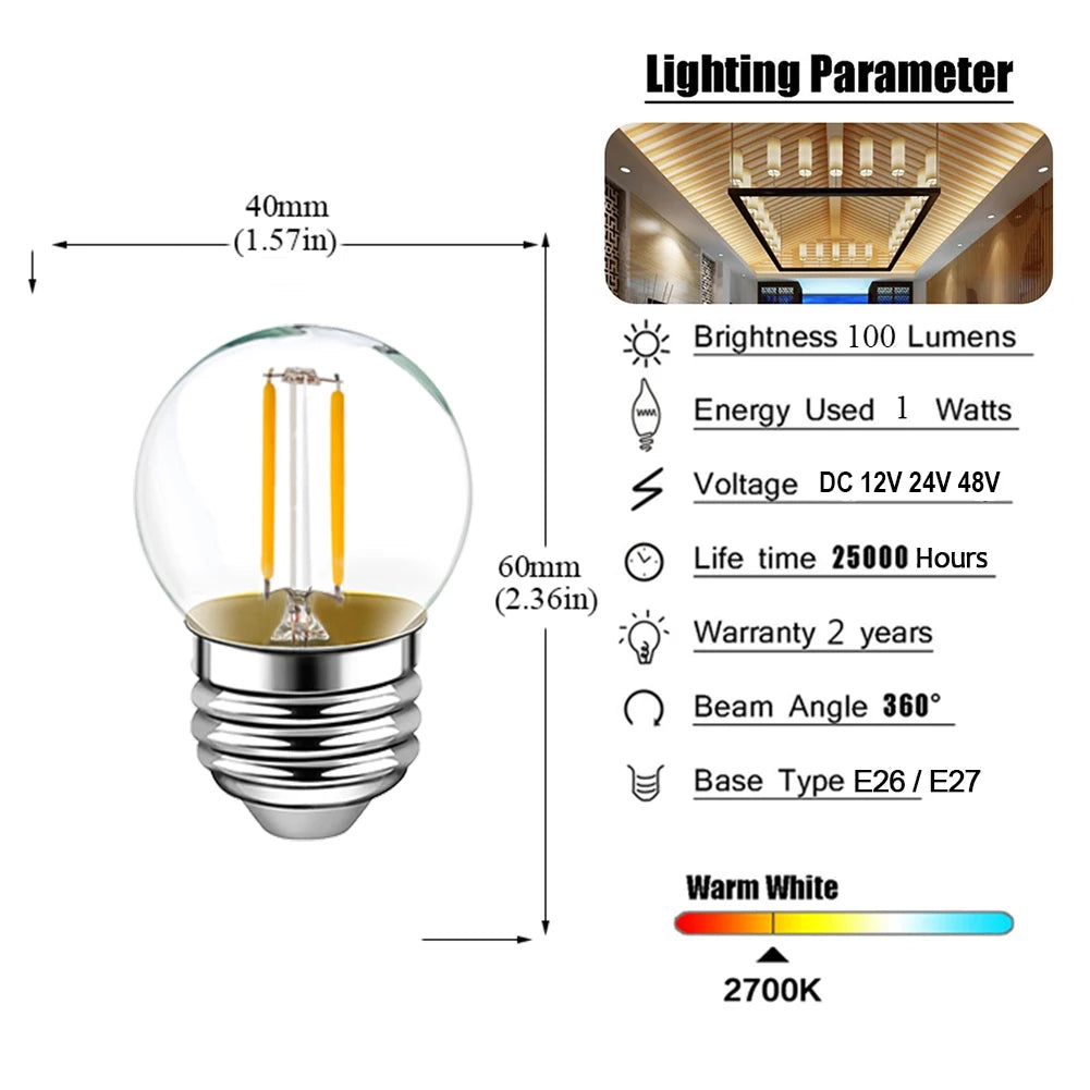 ampoules led filament transparentes vintage 2700k 25000h opalescent e14 e27 12v 24v