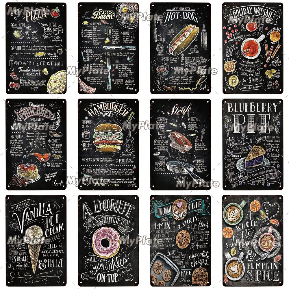affiche métallique vintage tableau noir illustrations colorées plats boissons décoration murale rétro