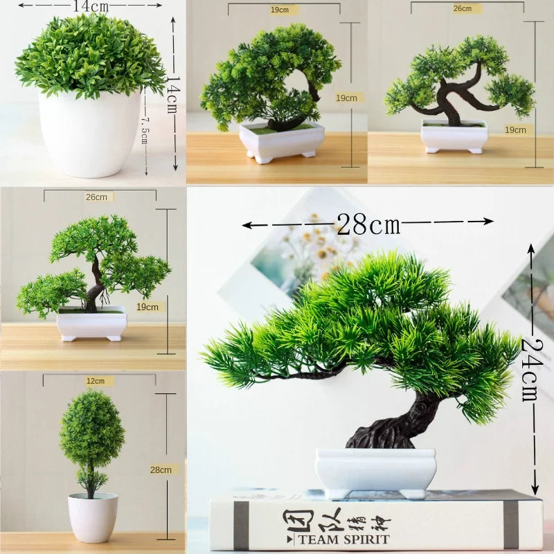 bonsaï artificiel vert feuilles fines pot blanc décoration intérieure classique tronc texturé plante verte