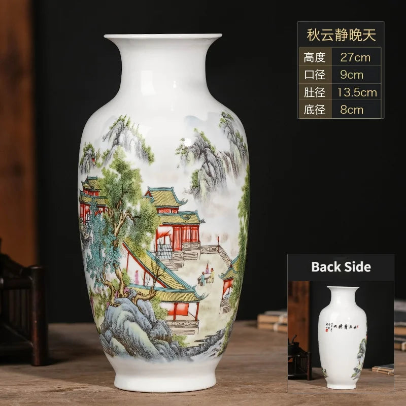 vase traditionnel chinois porcelaine peinture motifs paysagères fleurs blanc decoration maison aménagement interieur ceramique