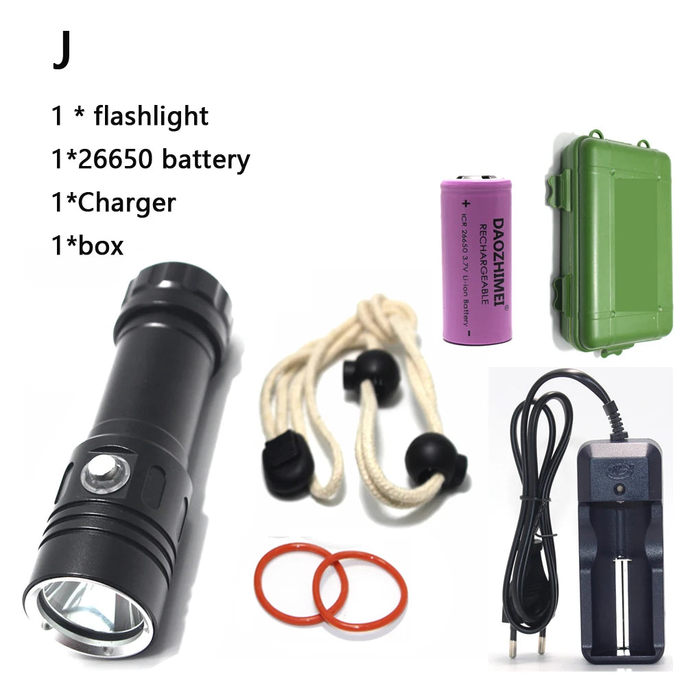 torche led rechargeable plongee camping 10w 6000lm 80m etanche noire