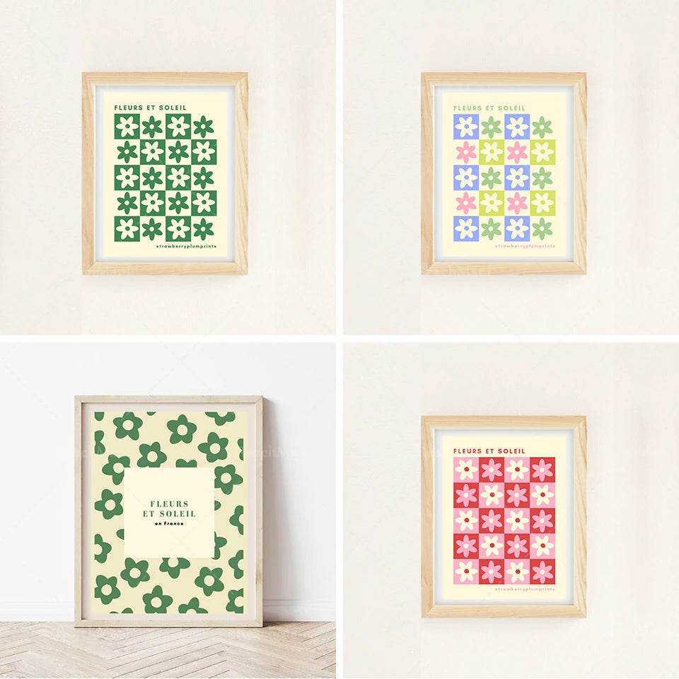 Affiches murales décoratives avec motifs de fleurs colorés et le texte "Fleurs et soleil" en français.