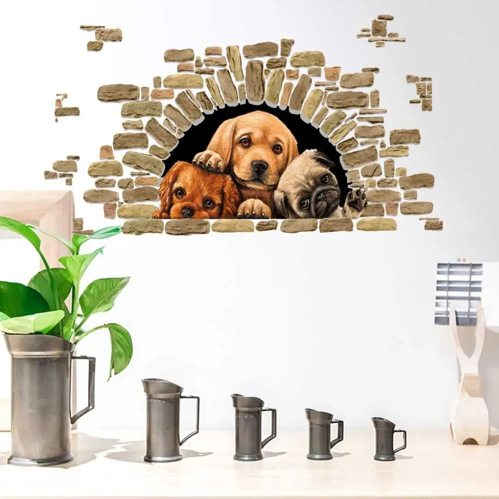 autocollant mural trois chiens animaux compagnie réaliste 3d salon chambre enfants pvc opaque