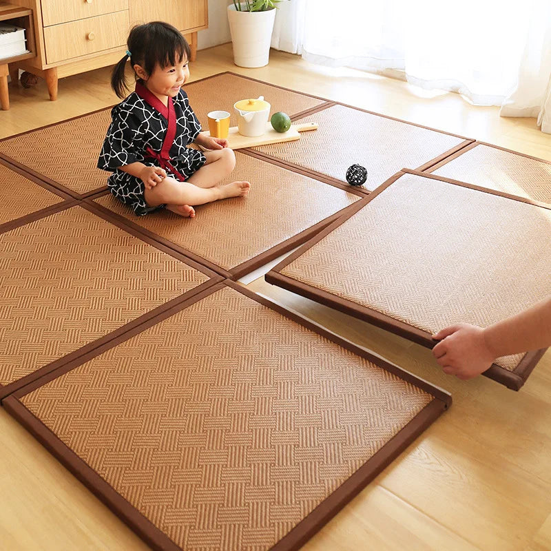 tapis sol modulable tissé motifs géométriques couleur beige marron japonais traditionnel fixations adhésives coussins