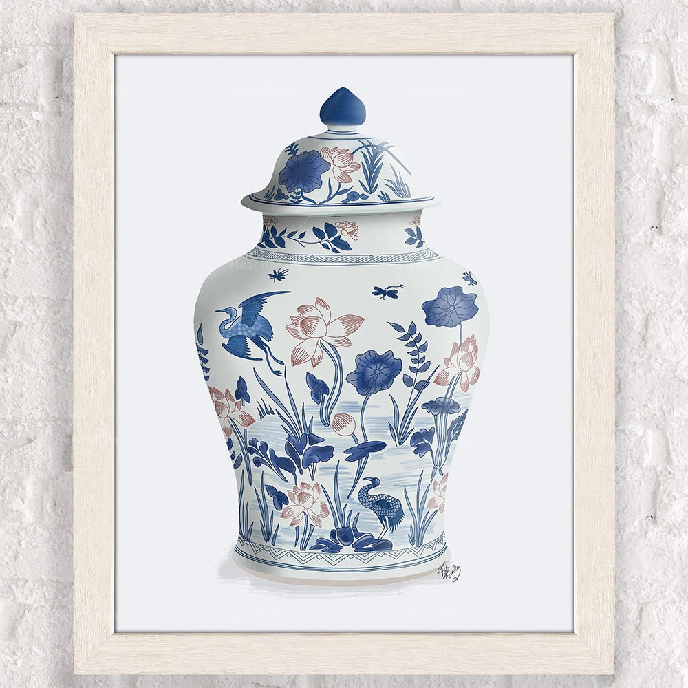 Élégante poterie chinoise ornée de magnifiques fleurs et grues stylisées dans des tons bleus et beiges.