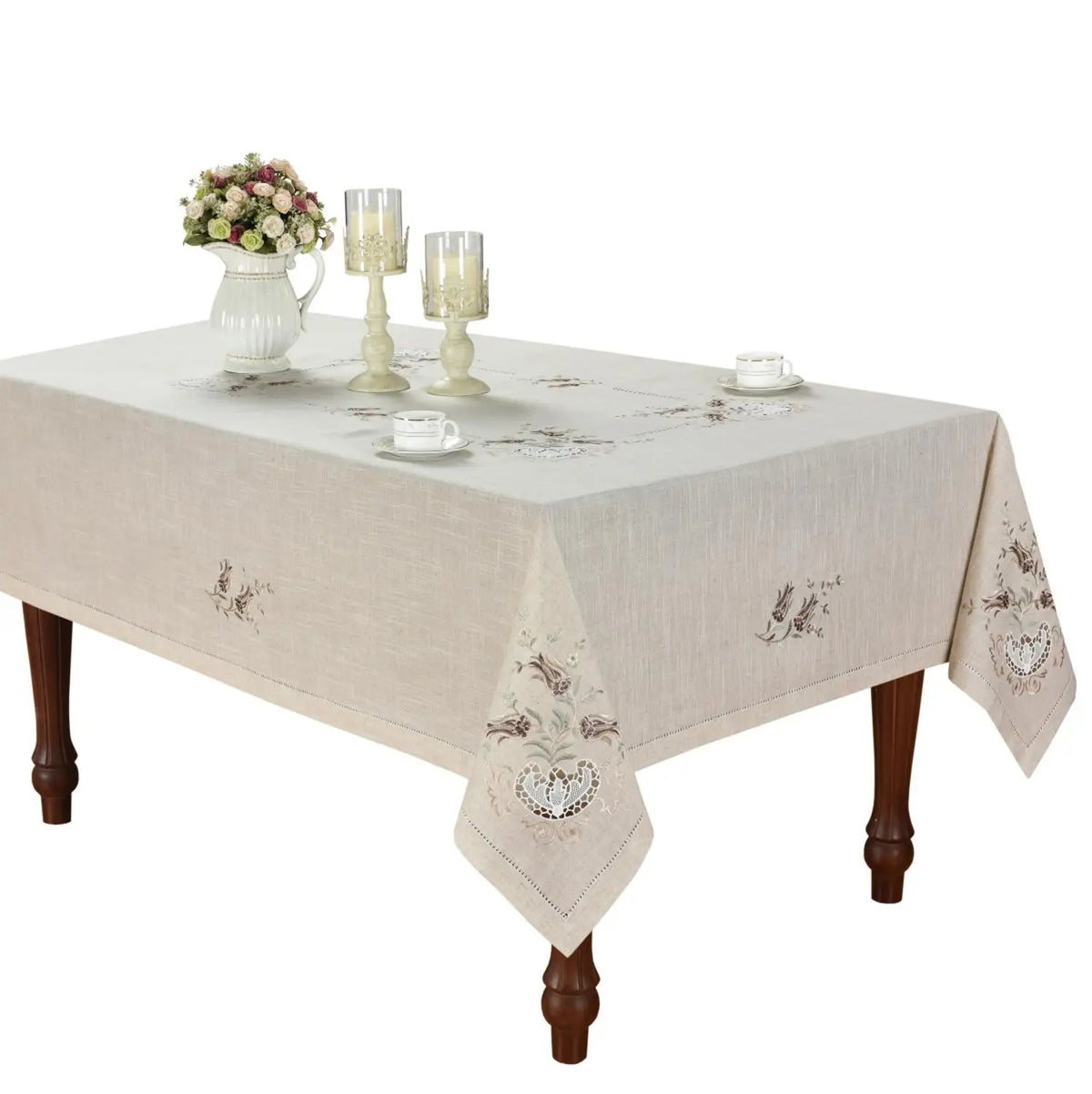 nappe élégante polyester opaque broderie florale beige clair gris marron foncé machine réutilisable restaurant