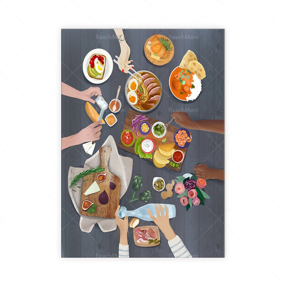 Une illustration détaillée d'un repas sain et appétissant avec différents plats et ingrédients sur une table en bois.