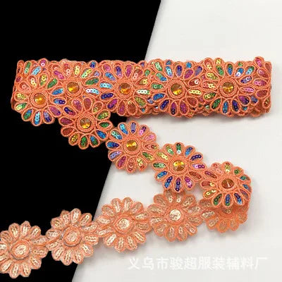 ruban décoratif fleurs strass brodé polyester rose bleu orange jaune marron opacité 6cm large