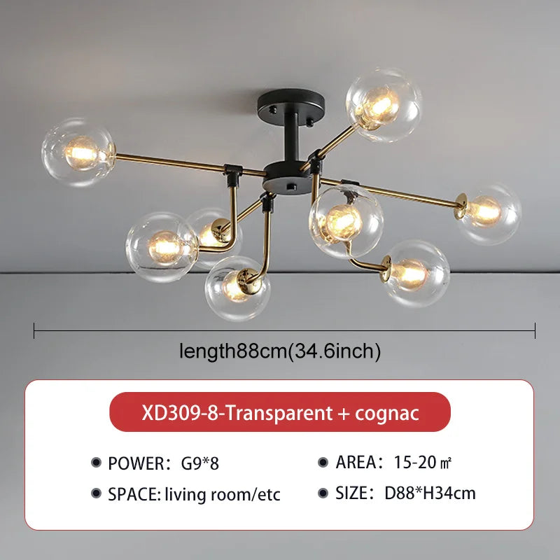lampe suspension moderne sphères translucides structure dorée salon blanc nordique