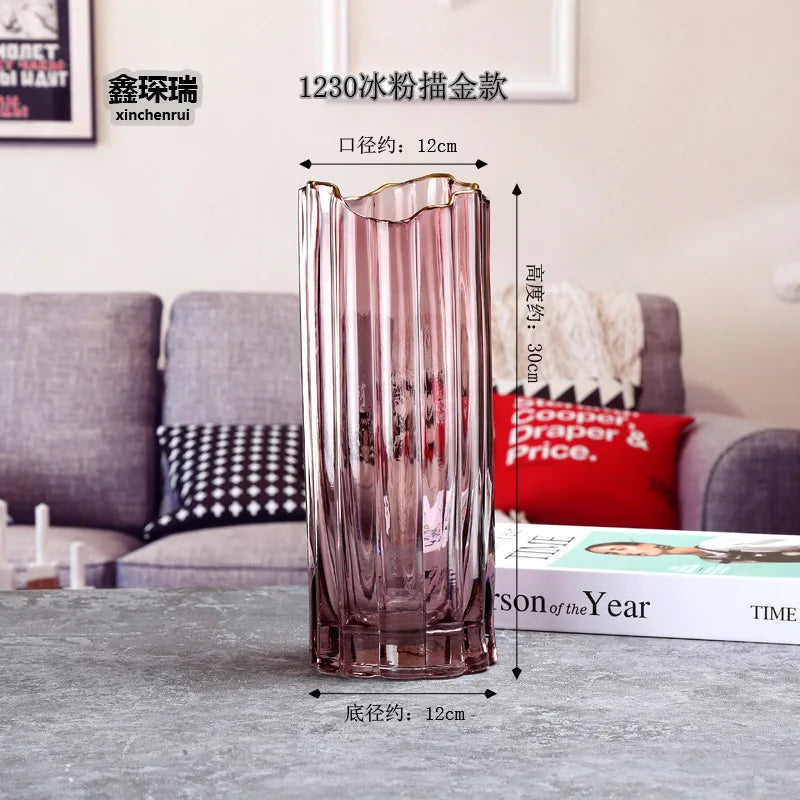 vase verre transparent moderne rayures horizontales couleurs vert gris rose rouge dorés fleurs artificielles