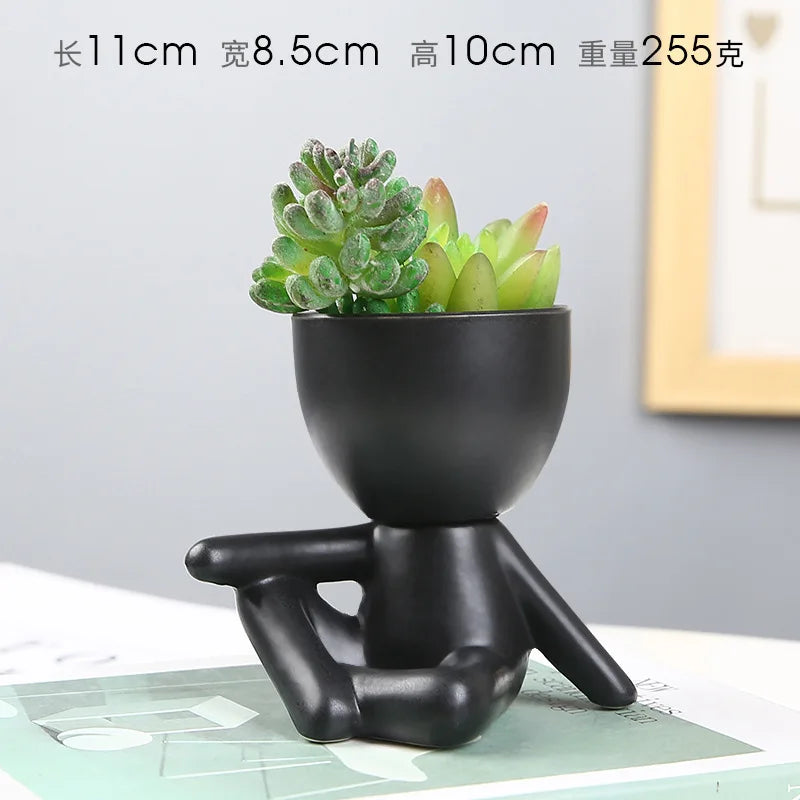 cache pot céramique blanc noir personnage assis contemporain plante succulente minimaliste ornement décoration artisanale