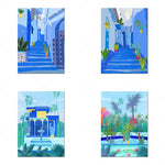 Ces images illustrent des scènes colorées et enchantées de paysages méditerranéens, avec des bâtiments aux couleurs vives, des escaliers bleus, des fontaines et des jardins luxuriants, le tout baignant dans une atmosphère ensoleillée et apaisante.