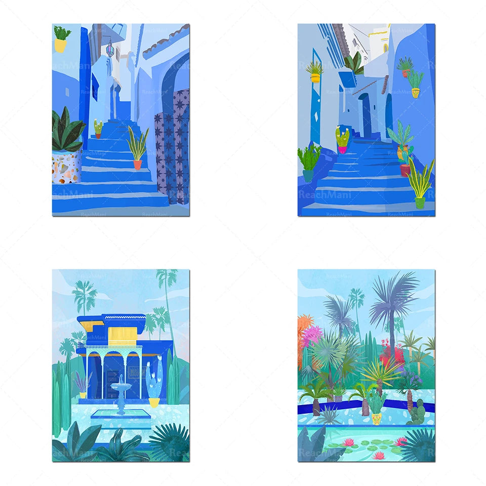Ces images illustrent des scènes colorées et enchantées de paysages méditerranéens, avec des bâtiments aux couleurs vives, des escaliers bleus, des fontaines et des jardins luxuriants, le tout baignant dans une atmosphère ensoleillée et apaisante.