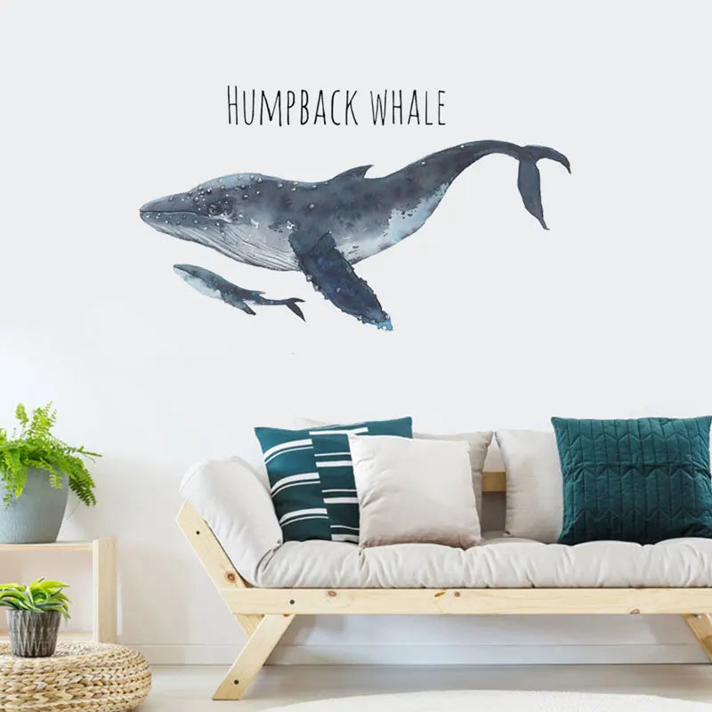 autocollant mural baleine humpback illustration bleu gris blanc adhésif maison salon chambre enfant moderne