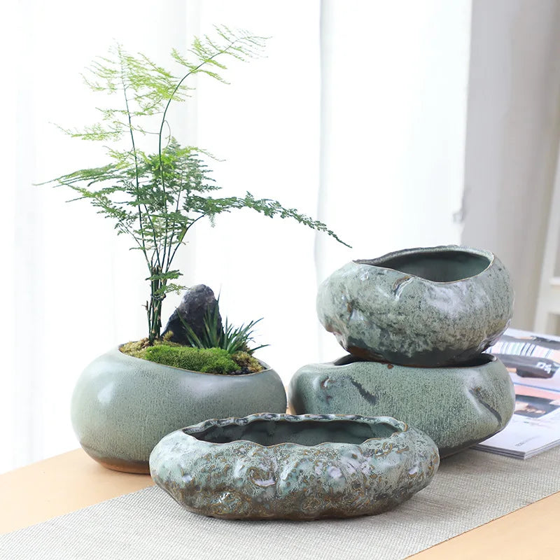 pots plante céramique glacée moderne minimaliste vert gris matériau poterie plante roche mousse