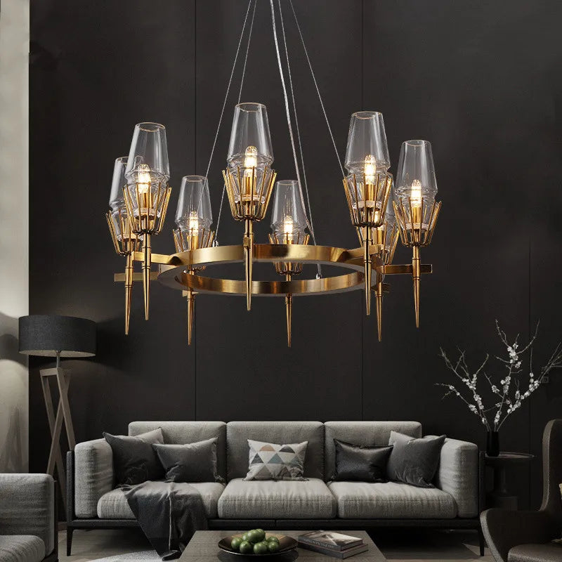 suspension lumineuse moderne or transparent ajouré élégant chaînes noires lumière face altaudio