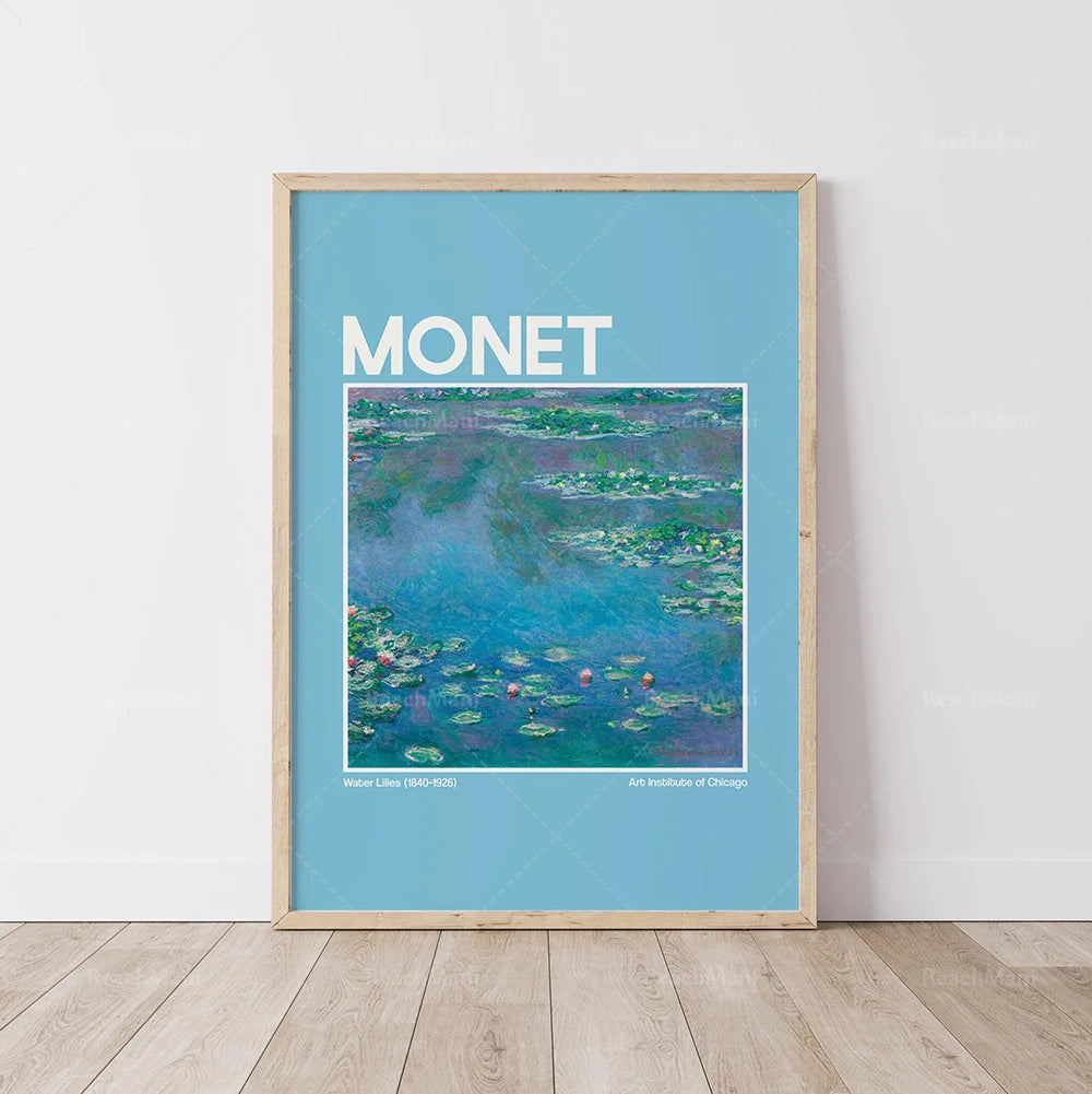 Affiche représentant une peinture à l'huile de Monet montrant des nénuphars flottant sur une surface d'eau apaisée.