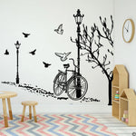 Sticker mural grand format vélo lampadaire arbre oiseau ville paysage urbain automnal