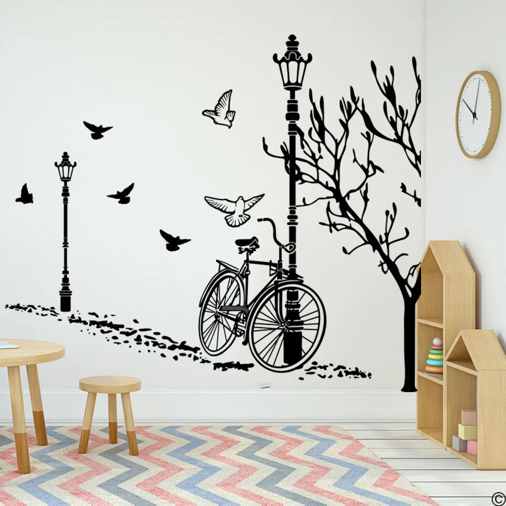 Sticker mural grand format vélo lampadaire arbre oiseau ville paysage urbain automnal
