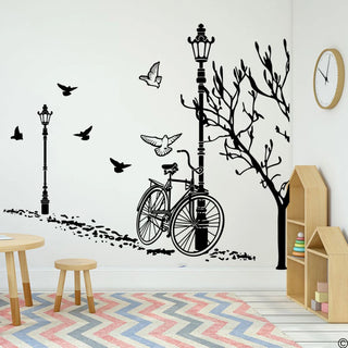 sticker mural urbain rue lampadaire vélo oiseau arbre décoration chambre salon enfants