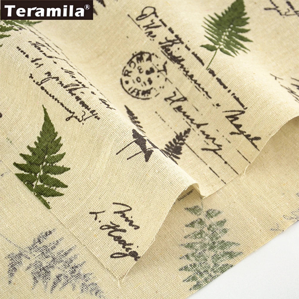 tissu vintage rustique fougères écriture manuscrite beige vert foncé noir décoration maison sac nappe