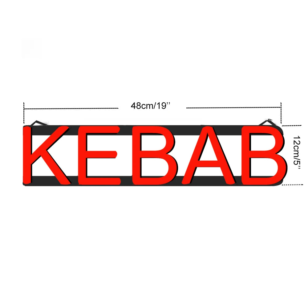 Détail des lettres KEBAB en éclairage LED rouge néon