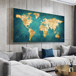 impression toile carte monde bleu moderne décoration intérieure salon chambre enfant affiche horizontal vieilli