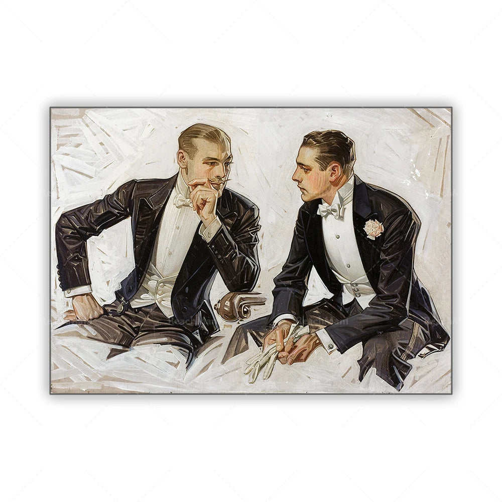 Deux hommes élégants, en costumes noirs, se serrent la main avec une expression pensive sur leur visage.