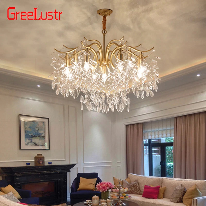 lustre moderne cristal K9 doré noir ampoules LED branches stylisées transparentes salon mariage