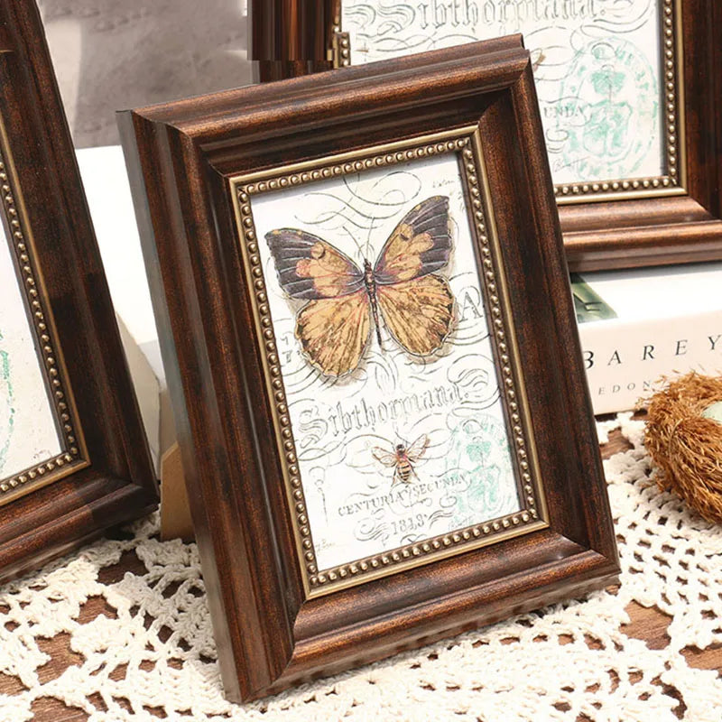Cadre photo vintage rectangulaire résine marron foncé vert blanc papillon oiseau texte ancien décoration