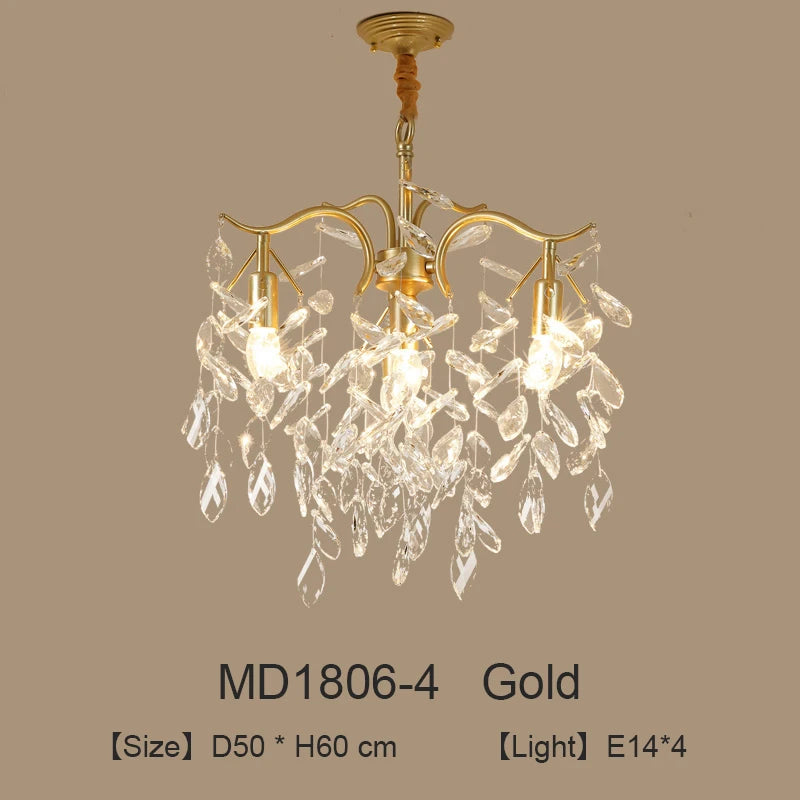 lustre moderne cristal K9 doré noir ampoules LED branches stylisées transparentes salon mariage